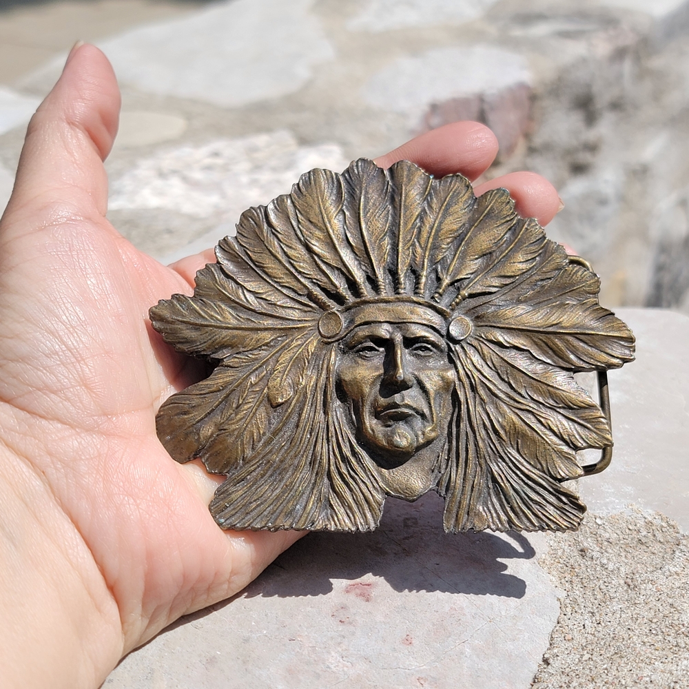 Vintage Indian Chief Head Belt Buckle Brass Tone D-60 Large Figural Western 4.25